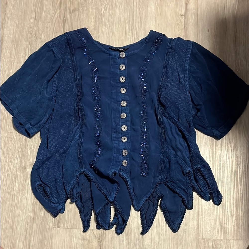 Papa Blue Ruffled Blouse with Mandarin Collar Large